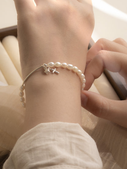 Star of Love Pearl Silver Tube Bracelet
