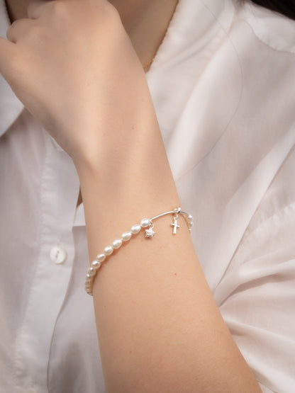 Star of Love Pearl Silver Tube Bracelet
