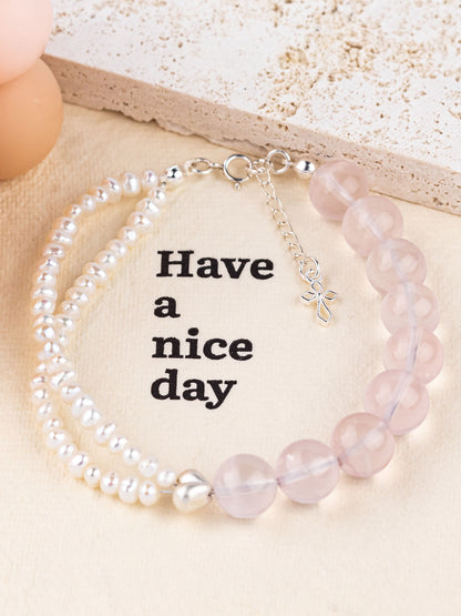 Love Never Fails — Rose Quartz & Pearl Cross Bracelet