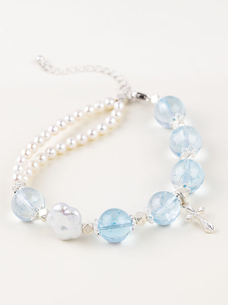 Blue Topaz Pearl Cross Bracelet