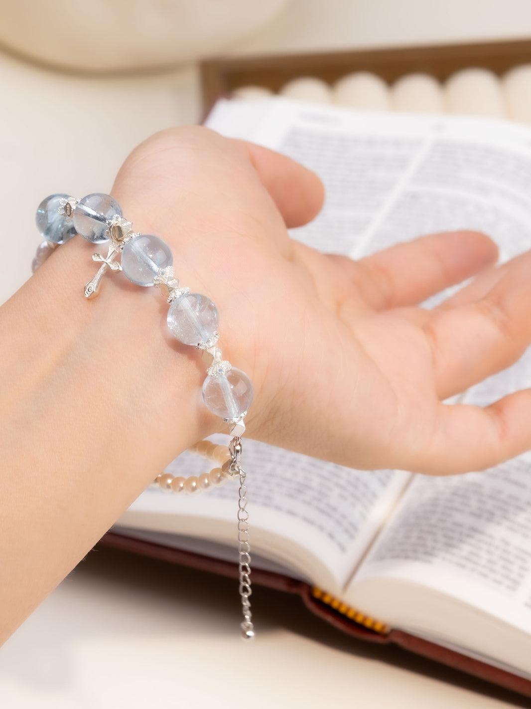 Blue Topaz Pearl Cross Bracelet