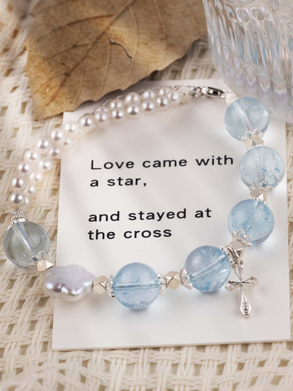 Blue Topaz Pearl Cross Bracelet