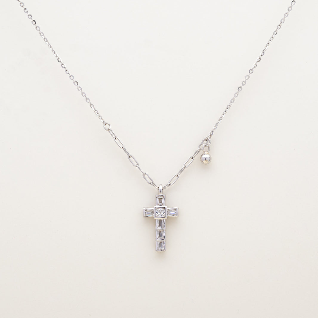 Faith Baguette CZ Silver Cross Necklace
