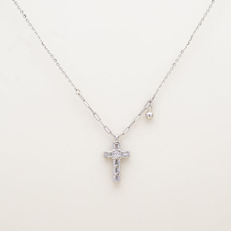 Faith Baguette CZ Silver Cross Necklace