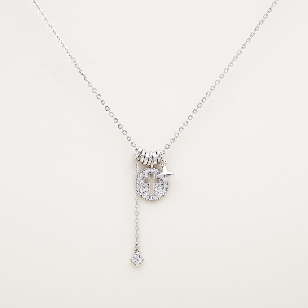 Grace Disc Cross Charm CZ 925 Necklace