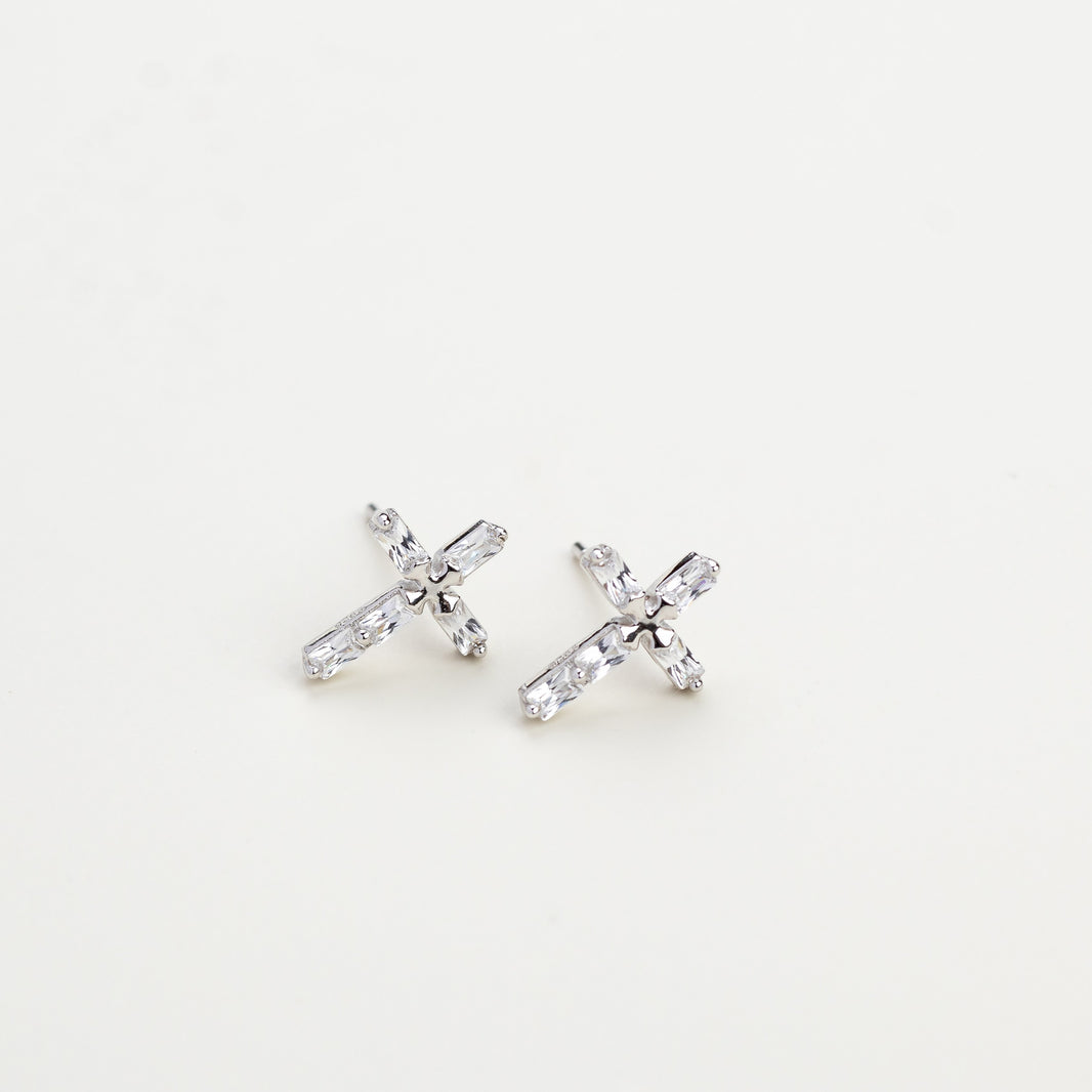 Faithful Baguette CZ 925 Cross Earrings