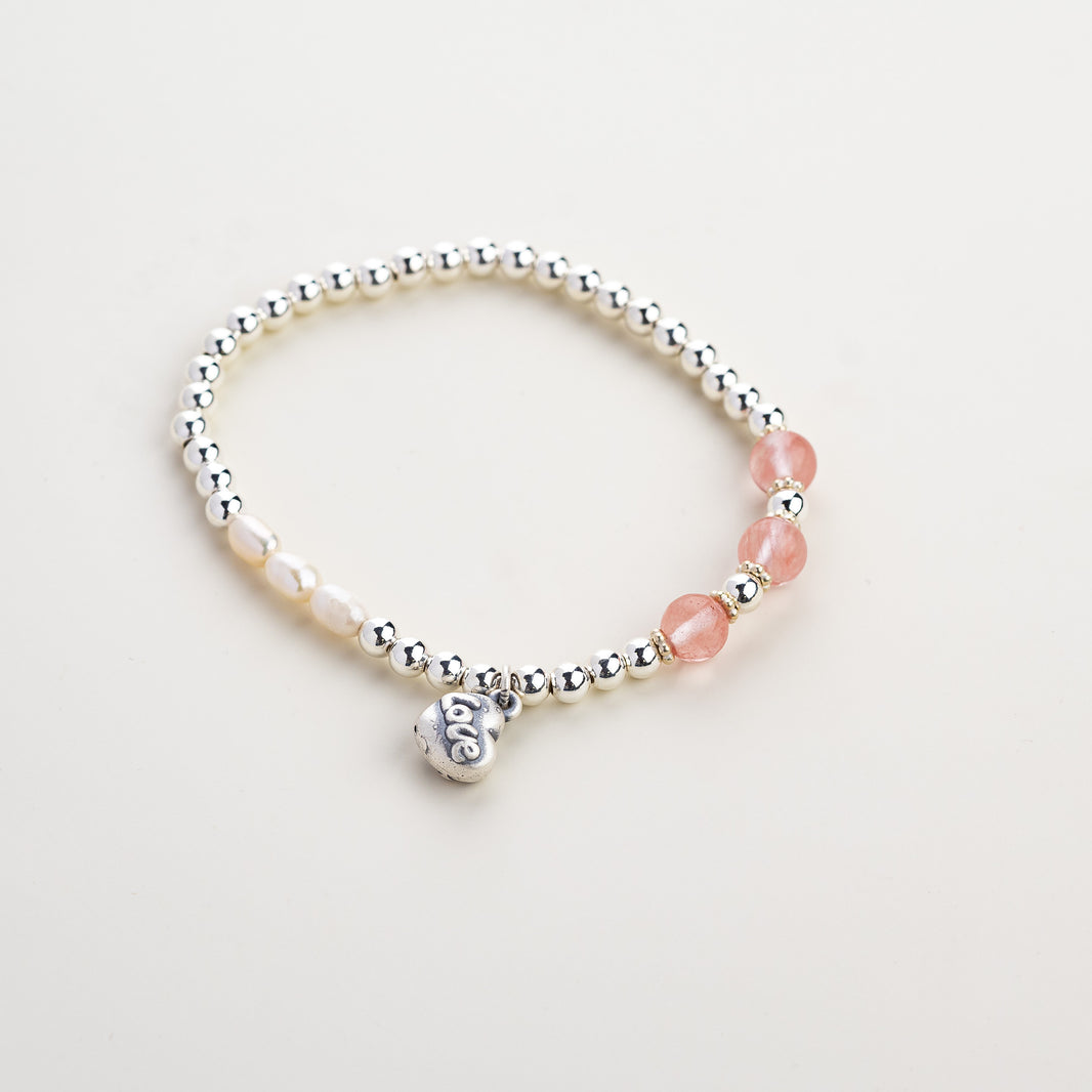 Love Pearl Pink Crystal Silver Bracelet