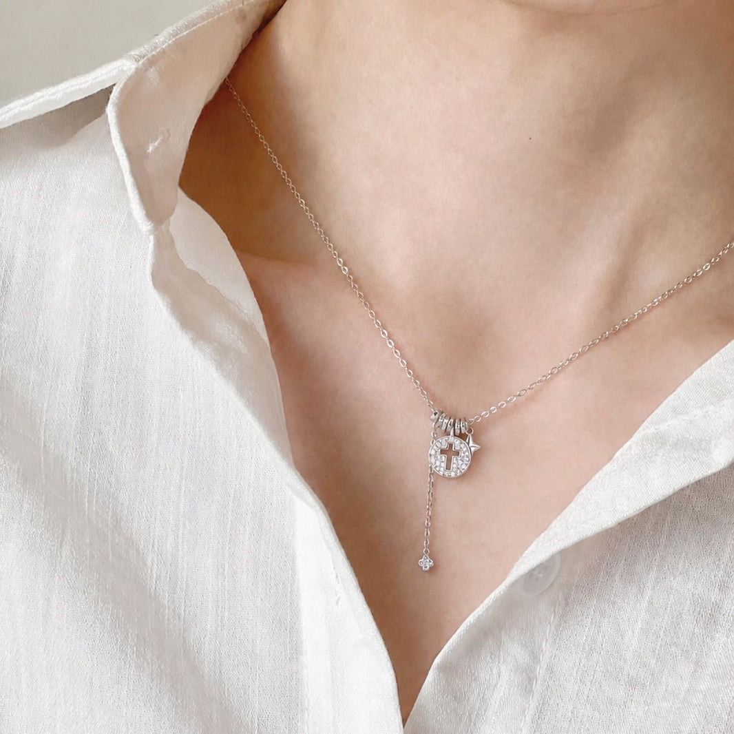 Grace Disc Cross Charm CZ 925 Necklace