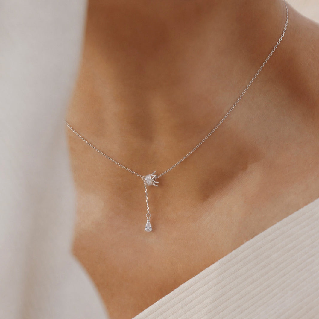 Grace Knot Pear CZ Silver Lariat Necklace