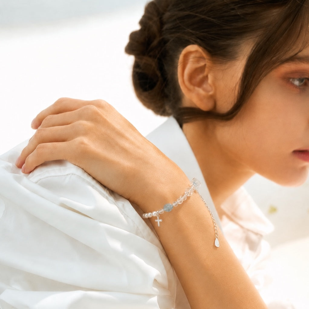Loved Pearl Crystal Cross Charm Bracelet