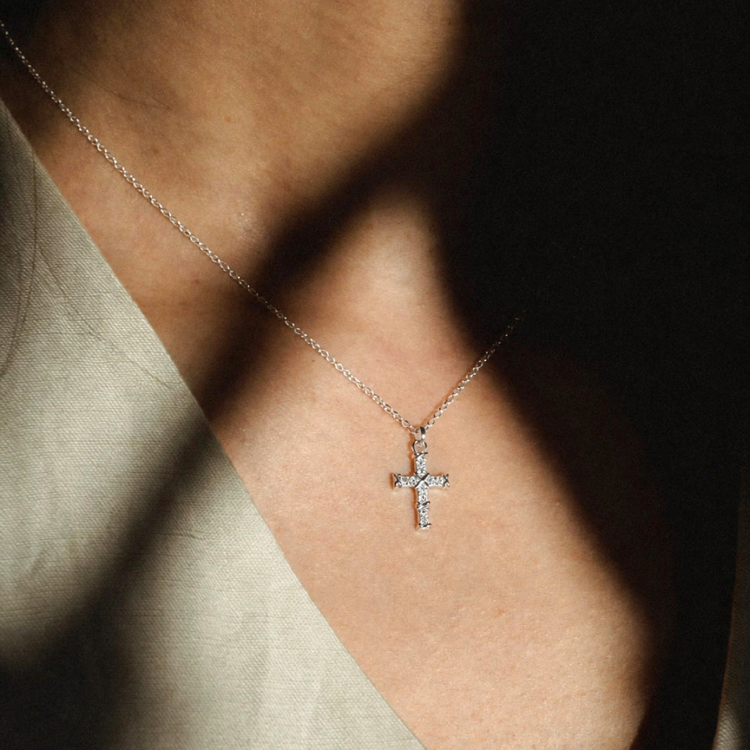 Guardian Sparkle CZ Silver Cross Necklace