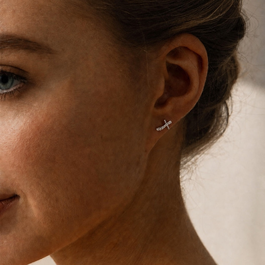 Faith Tiny CZ Cross 925 Silver Earrings