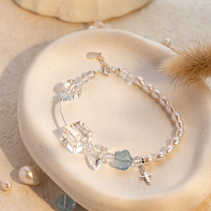 Loved Pearl Crystal Cross Charm Bracelet