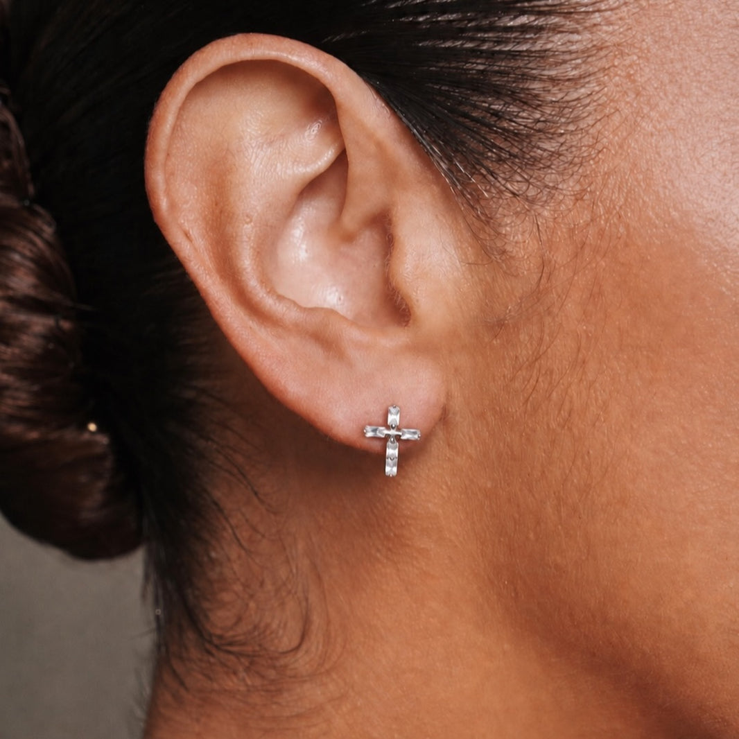 Faithful Baguette CZ 925 Cross Earrings