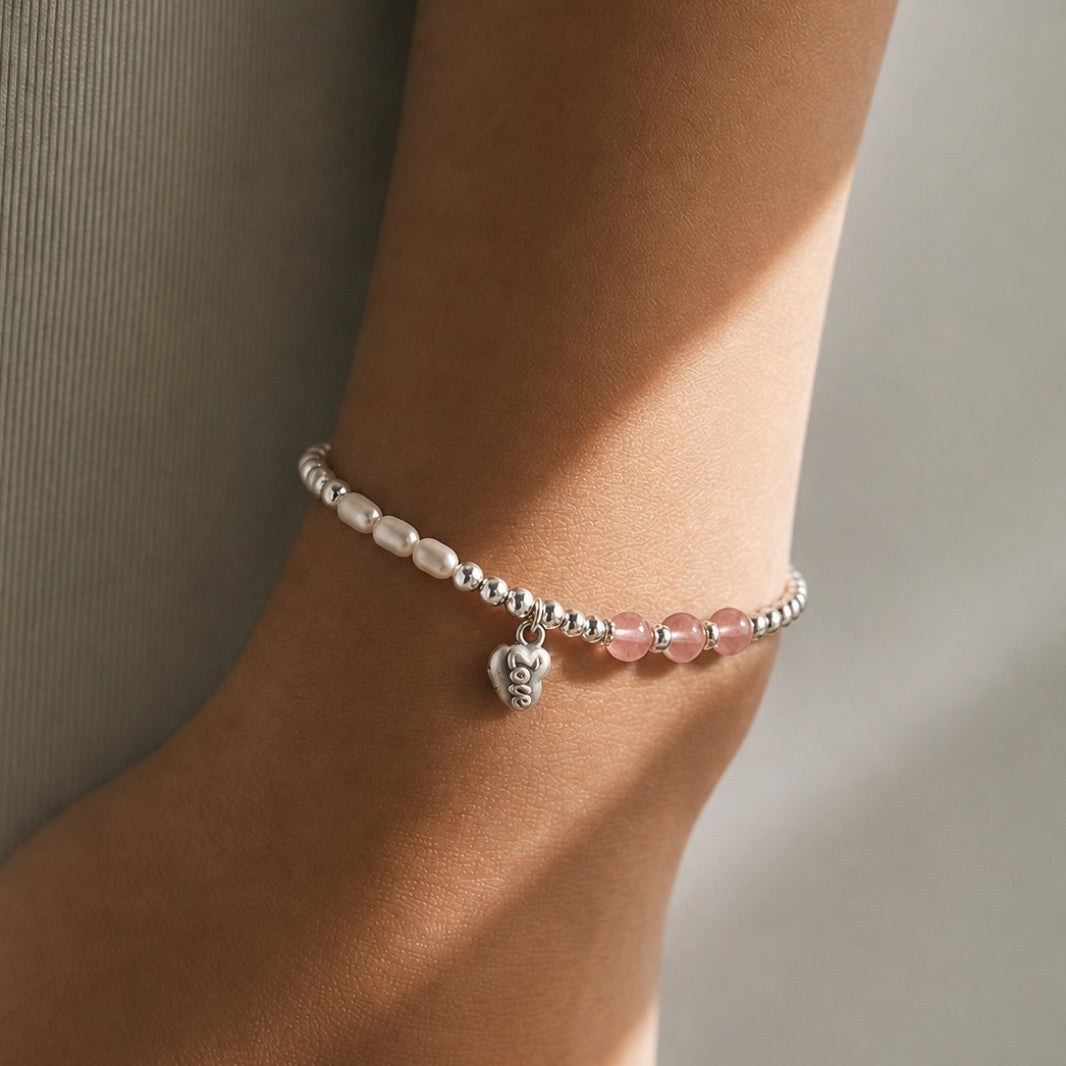 Love Pearl Pink Crystal Silver Bracelet