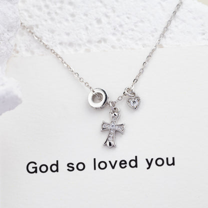 Promise Heart Cross Duo CZ 925 Necklace