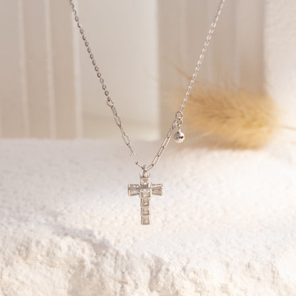 Faith Baguette CZ Silver Cross Necklace