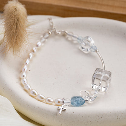 Loved Pearl Crystal Cross Charm Bracelet