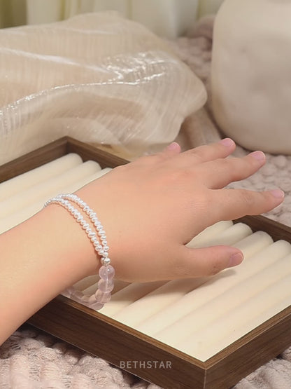Love Never Fails — Rose Quartz & Pearl Cross Bracelet